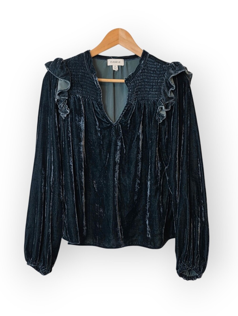 Evereve Yana Ruffled Crushed Velvet Deep Teal Women's Top Medium - Picture 2 of 9